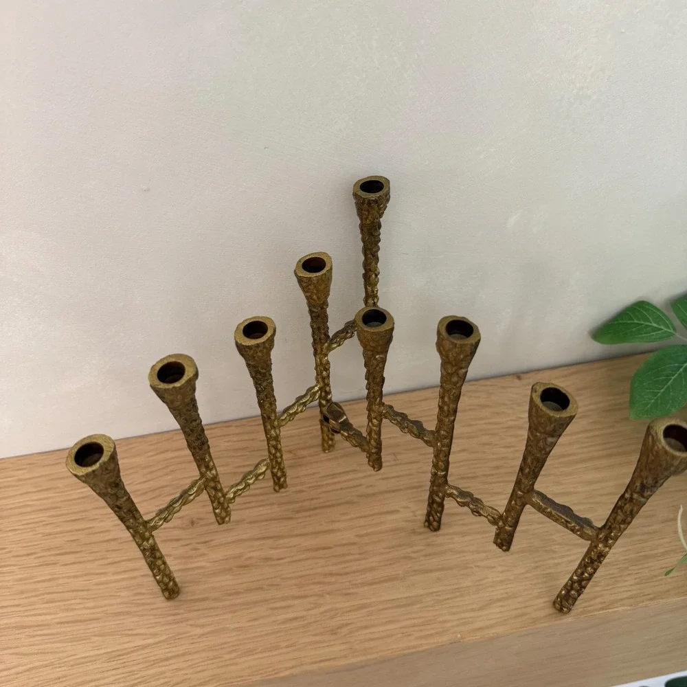 Vintage Brutalist Gold Metal Folding Menorah Candelabra Mid Century Modern 9 Arm